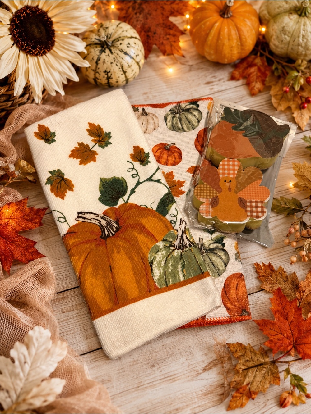 Autumn Pumpkin Cotton Kitchen Towel, Dish Mat & 2 Dish Sponges NWT
